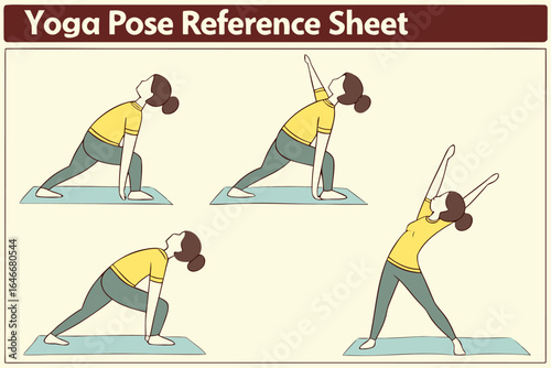 A simple yoga pose reference sheet illustrating four variations of a warrior pose sequence with clear outlines and a light background