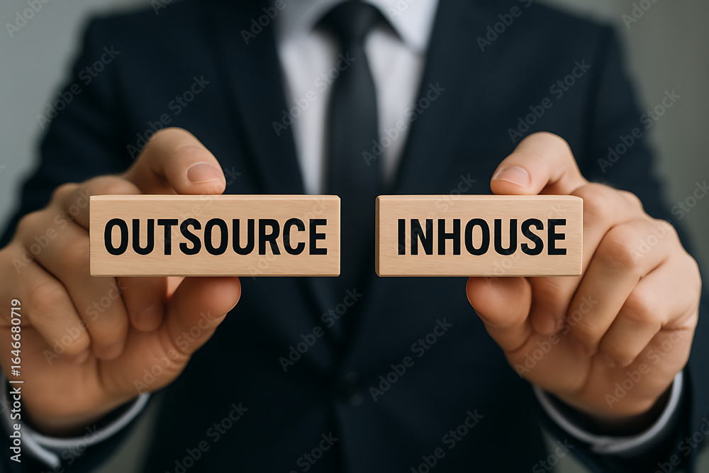 Obraz premium Concept of outsource or inhouse choice. Outsource or insource making decision. Outsourcing Global.