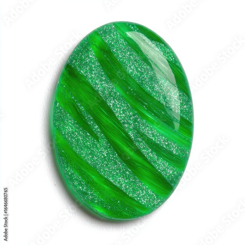 Oval, vibrant green, glass cabochon, with swirling, sparkly lines