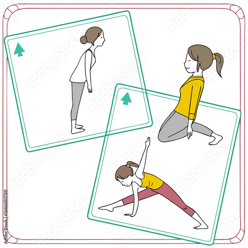 Three women performing different yoga poses on illustrated cards showcasing flexibility and balance in a clean modern style
