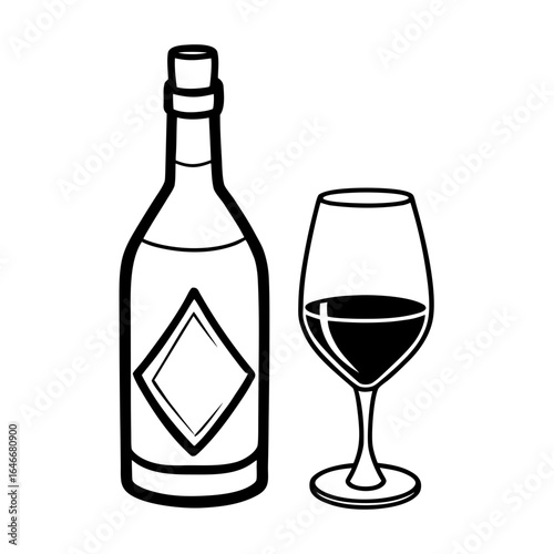 Vector art of black and white illustration of a wine bottle and a glass of red wine isolated on white background