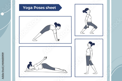 Illustrated guide to four yoga poses for a balanced and flexible body practiced by a woman in simple athletic attire