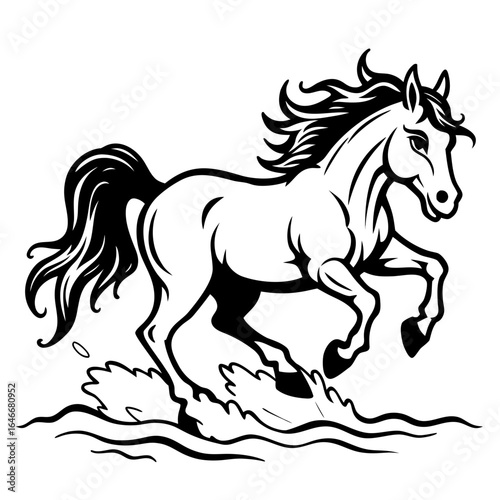 Vector art of a powerful black and white illustration of a horse galloping through water with a flowing mane and tail