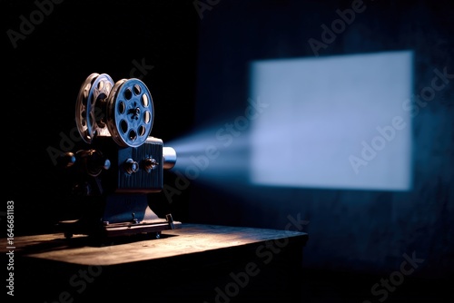 Vintage film projector projecting a bright light beam on a white screen in a dark room, creating a nostalgic cinema atmosphere