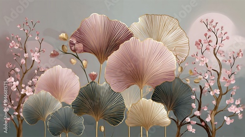 Abstrakte Ginkgoblätter und Kirschblüten in Pastelltönen, ein elegantes Wandgemälde