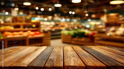 Wooden table in focus with a blurred supermarket produce section in the background under warm lighting