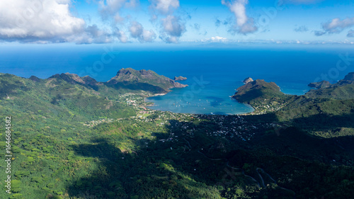 Magnificent aerial view of the bottom of the HANE and HOKATU valleys on the island of UA HUKA in the Marquesas archipelago in French Polynesia
