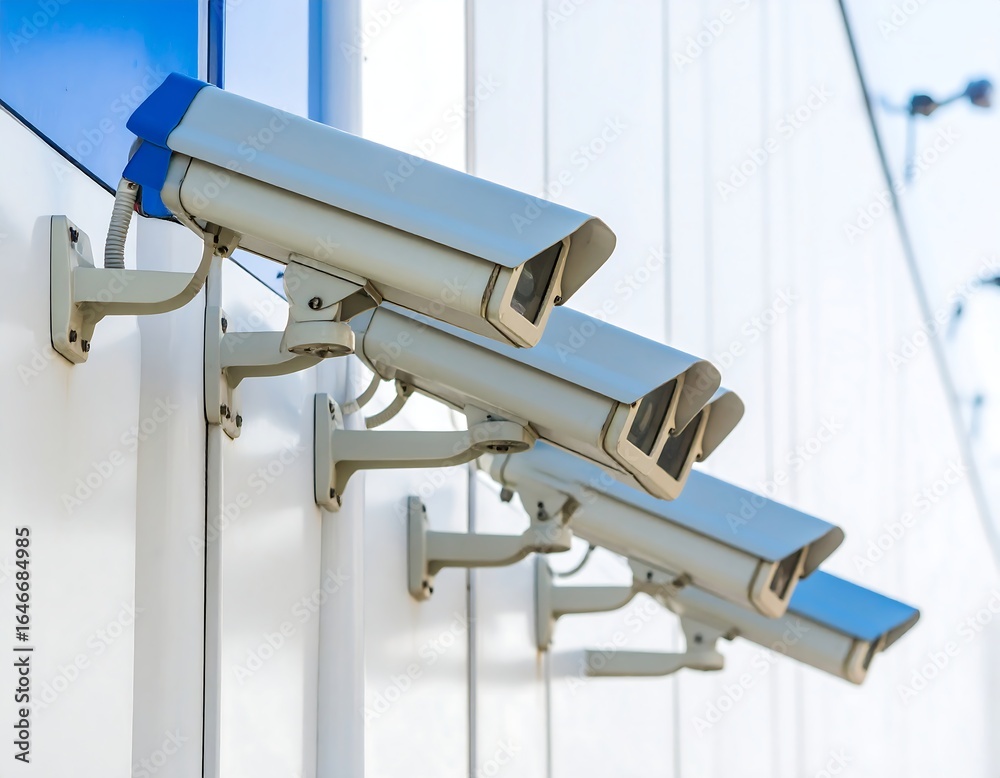 Fototapeta premium Three security cameras mounted on a light-colored wall