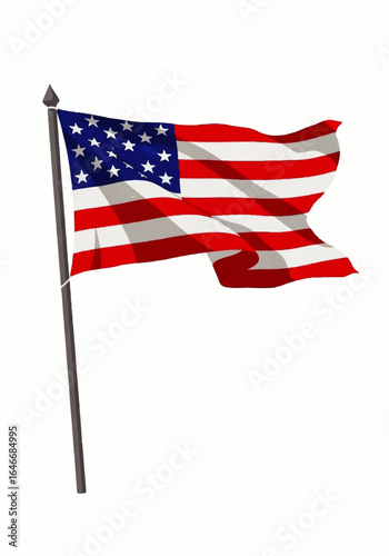 A vibrant depiction of the American flag gracefully waving on a sturdy flagpole, symbolizing freedom, patriotism, and national pride against a clear sky.