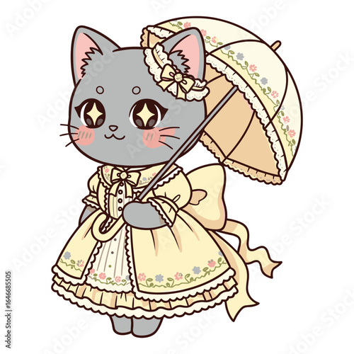Adorable Gray Cat in Yellow Dress Holding Umbrella Whimsical Illustration Perfect for Children's