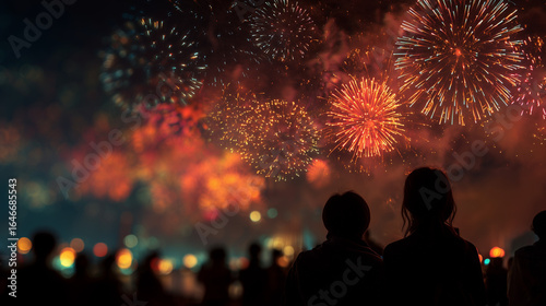 Busan Fireworks Festival, close-up of fireworks in the night sky, blurred silhouettes of people watching