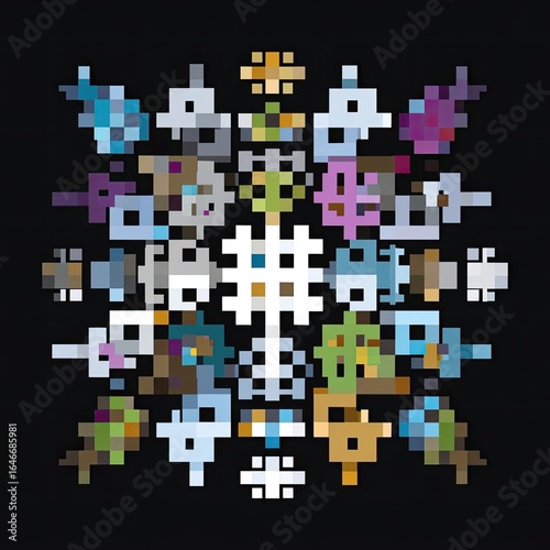Pixelated symmetrical design with many small, colorful shapes forming a large, central snowflake pattern