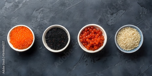 Four bowls of different types of caviar on a dark textured background