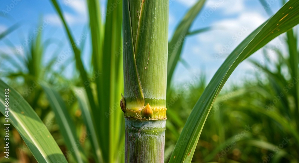 Obraz premium close up of grass, Close-up of green sugarcane stalk with fresh foliage in tropical field. Plant known for producing sweet, natural sugar, juice. Thick, segmented structure with bark-like layers ideal