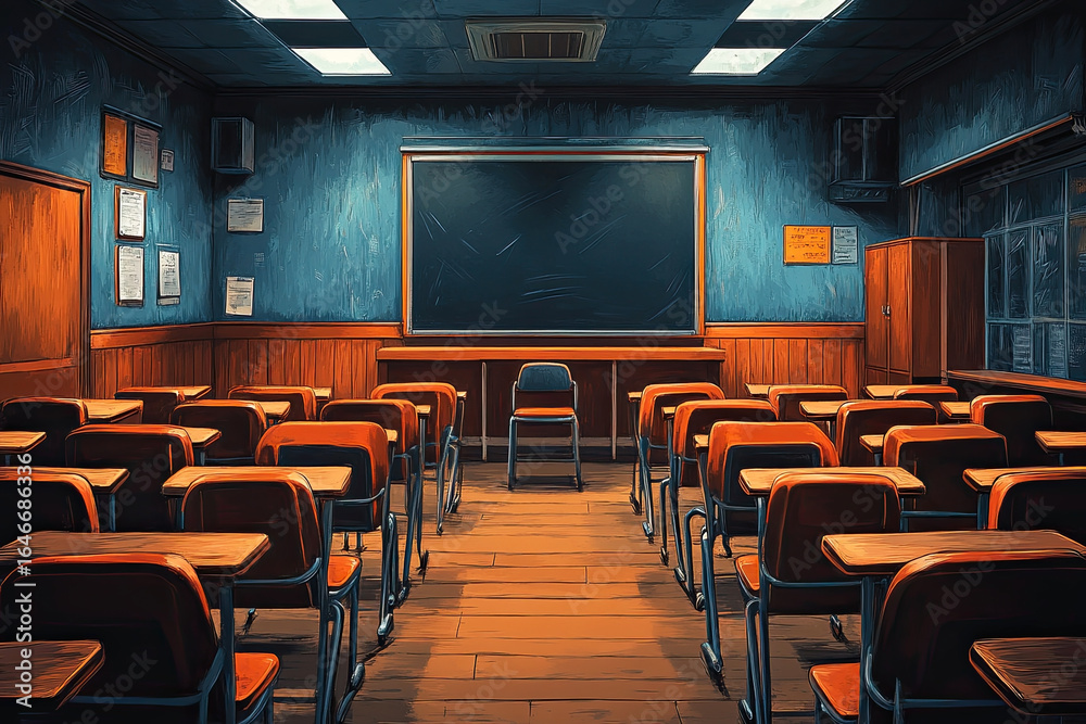 Fototapeta premium A vacant classroom with wooden desks and a chalkboard, exuding a nostalgic and educational atmosphere.