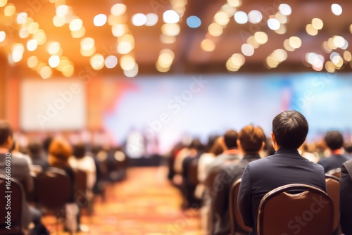 A large group of people attend a conference or seminar in a well-lit, formal indoor venue with a stage and audience seating