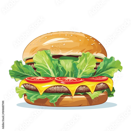A detailed illustration of a cheeseburger with lettuce and tomato.