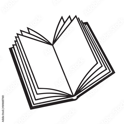 An open book with blank pages depicted as a simple black and white line drawing ready for writing or reading