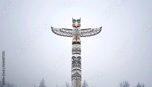 Tall wooden totem pole with bird and other carved figures against a foggy sky