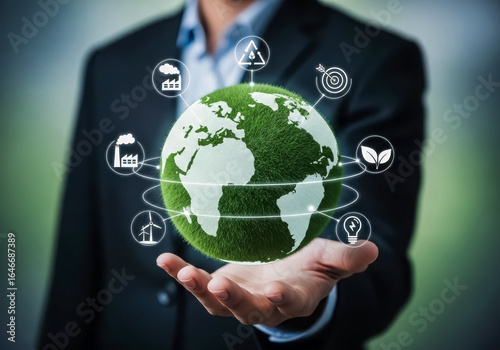 Businessman holding a green globe surrounded by icons representing industry and sustainability