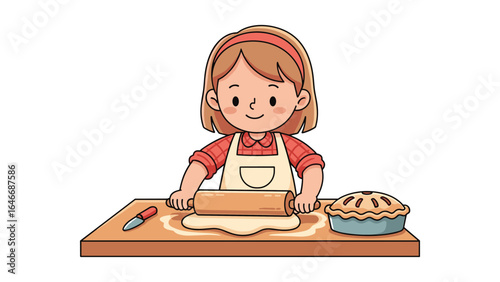 Cartoon Girl Baking Pie Illustration: Dough Rolling and Holiday Dessert Preparation Kitchen Scene