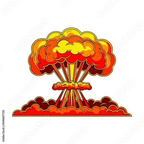 Explosion of red and yellow clouds representing a mushroom cloud after a nuclear detonation, symbolizing destruction and power.