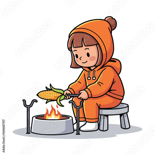 Cartoon Illustration of a Young Girl Roasting Corn on a Fire Pit for Cookbook Cover