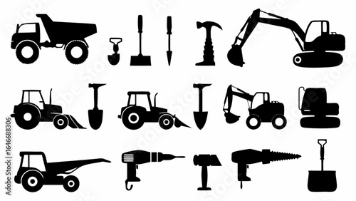 Illustration showcasing a collection of construction and gardening tools in black silhouette style art