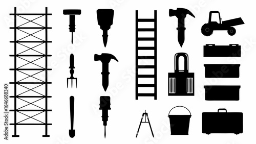 Illustration of scaffolding, jackhammers, garden fork, shovel, hammers, ladder and other tools silhouette