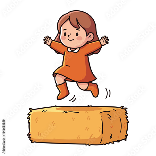 Cheerful girl leaping over hay bale enjoying countryside fun and playful childhood adventure