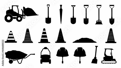 Illustration of construction equipment including shovels cones wheelbarrows and a loader in black silhouette