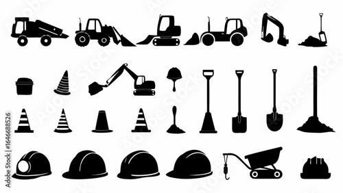 Illustration of construction equipment and safety gear including excavators and hard hats in black silhouette