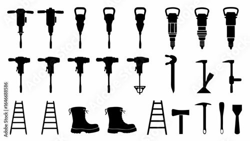 Illustration showing various construction tools including jackhammers ladders boots and hammers in black silhouette