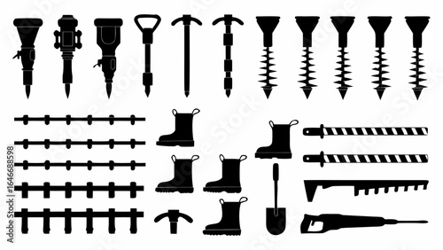 Illustration of construction tools including jackhammers, fences, boots, shovel and various saws in black silhouette