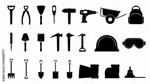 Illustration of various construction and gardening tools including shovels hammers and safety equipment silhouette