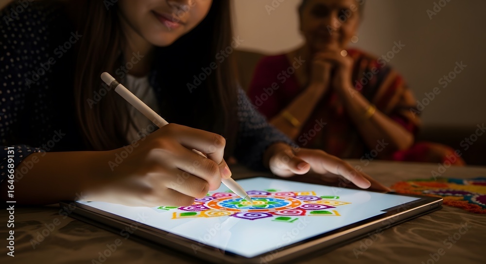 Fototapeta premium Young artist digitally drawing vibrant mandala art on tablet, Digital Art, Creativity, Technology, Generational, Tradition
