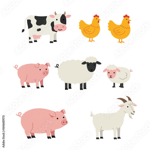 A charming flat 2D vector set featuring various farm animals, including a friendly cow, happy chicken, fluffy sheep, playful pig, and cute goat, isolated on a clean white background.