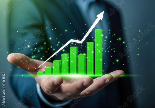 Businessman holding a green growth chart with upward arrow in his palm