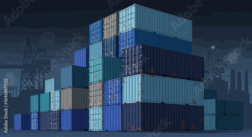 Containerized Chaos: A Stack of Cargo Boxes at Industrial Twilight Backdrop