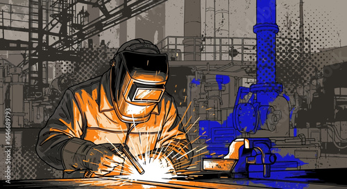 Intense Industrial Welding: Artistic Depiction of a Skilled Welder at Work