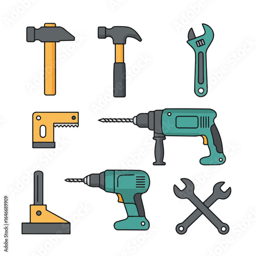 A collection of essential DIY tools in a flat 2D graphic style, featuring a hammer, screwdriver, saw, drill, and wrench, isolated on a clean white background.