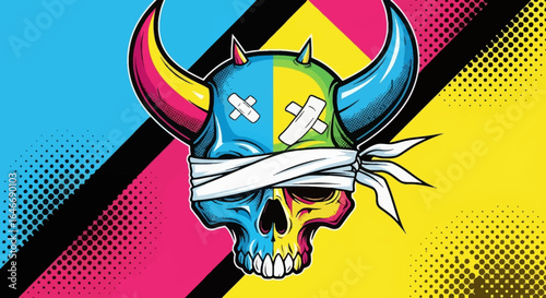 A vibrant, stylized skull with horns, bandaged eyes, and bold color combinations, set against a dynamic background.