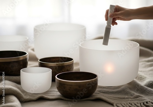 Crystal and metal singing bowls for meditation and healing