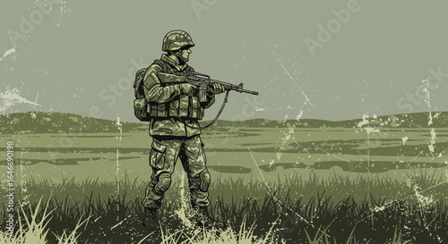 Retro Military Vigilance: A Soldier's Watch on Textured Battlefield Landscape
