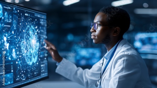 A scientist in a lab coat interacts with a futuristic digital interface displaying a glowing holographic brain in a high-tech research environment.