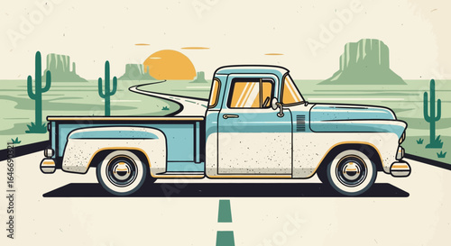 Vintage pickup truck on a desert road at sunset.