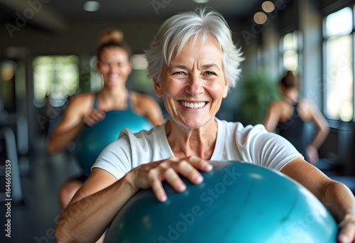 Happy eldery woman exercising with blue fitness ball in the gym