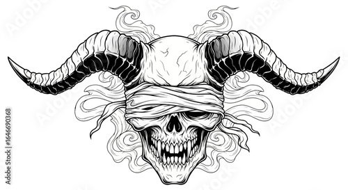 Artistic illustration of a skull with horns and a blindfold, surrounded by smoke-like details.