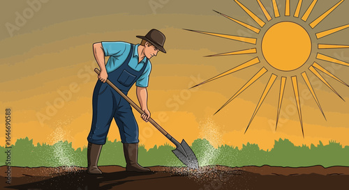 An Illustration of a Farmer Tilling Soil Underneath the Bright Sun