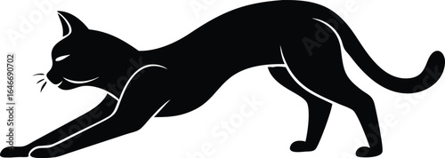 Silhouette of a black cat stretching on a white background animal domestic